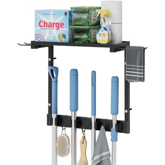 Broom Holder Wall Mount with Cleaning Supplies Organizer, Laundry Room Organization and Storage Shelves, Mop Hanger Broom Rack with Hooks, Home Improvement Kitchen Shelf Garage Organizer