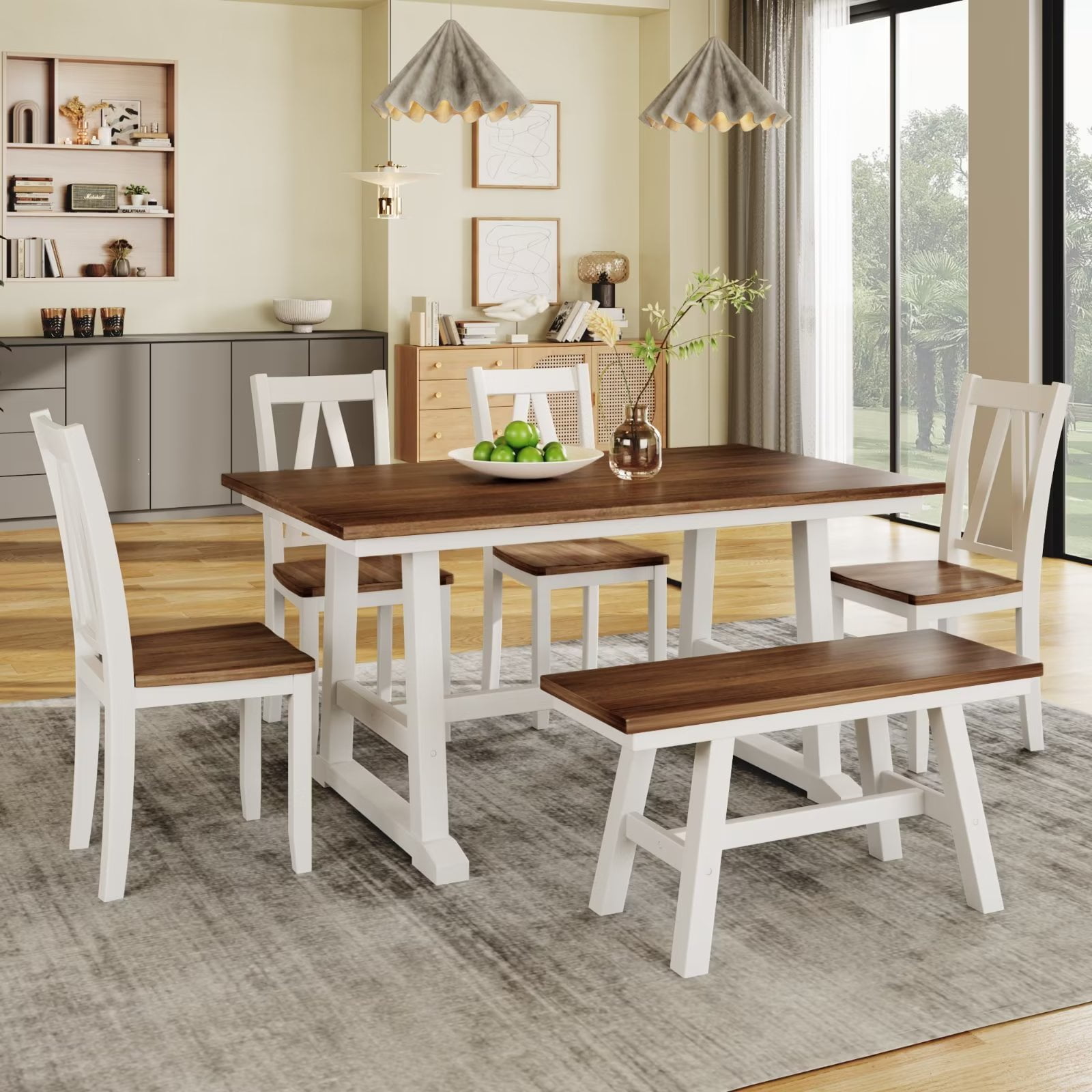 Set of 6 Dining Table Set, Wooden Farmhouse Kitchen Furniture Set ...