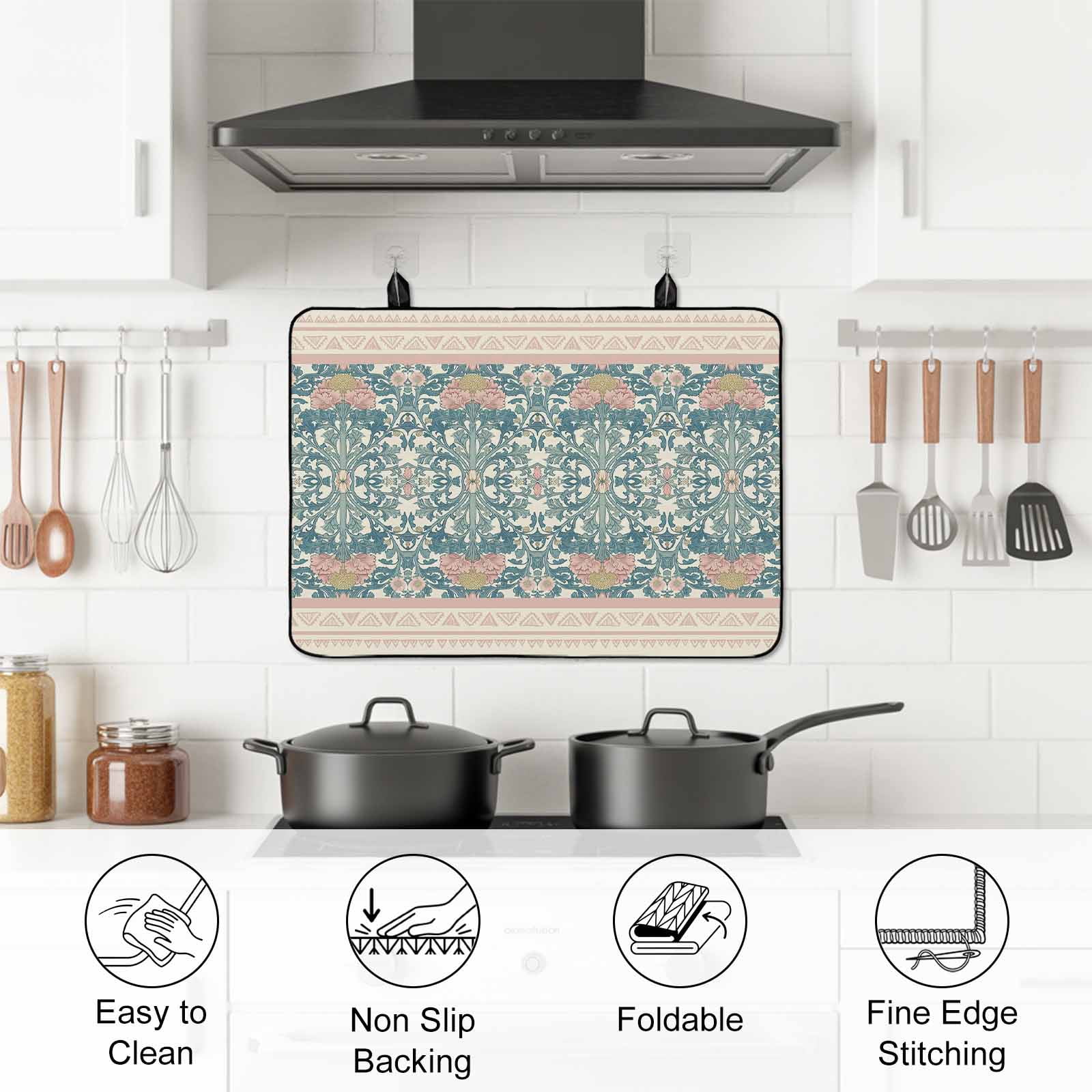 Teal Pink Geometric Stove Top Cover for Electric Stove, Heat-proof & Non Slip Glass Top Stove Cover Protector, Vintage Floral Watercolor Boho Kitchen Flat Cooktop Rubber Mat 24x21 Inches