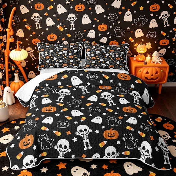 Castle Fairy Cute Halloween Twin Quilt Set,Ghost Pumpkin Cat Skeleton Allover Twin Coverlet Set,Orange Black