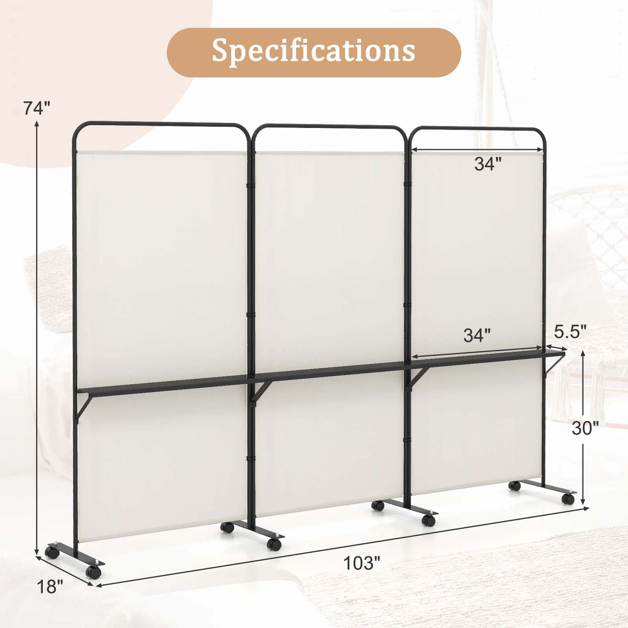 Costway 3-Panel Room Divider with Storage Shelves 6FT Tall Folding Privacy Screen on Wheels White