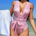 thumbnail image 3 of Lopeceal Swimsuits Deep V One Piece Swimwear for Women Bowknot Lace up Shiny Bathing Suit Sexy Tummy Control Monokini, 3 of 4