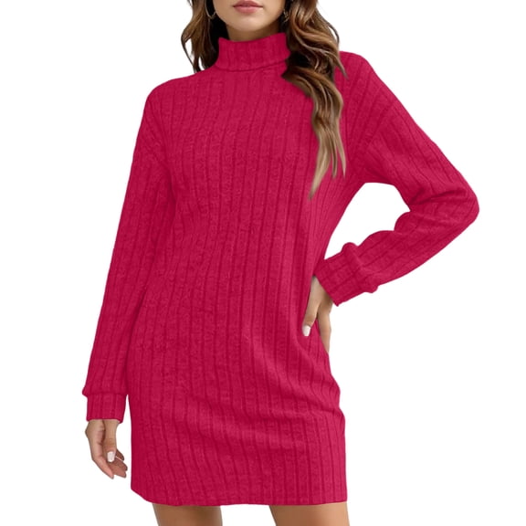 Women's Fashion Dress Turtleneck Ribbed Knit Sweater Dress Long Sleeve Slim Fitted Mini Dress Soft Stretchy Fabric Casual Daily Wear Dress for Fall Winter Layering