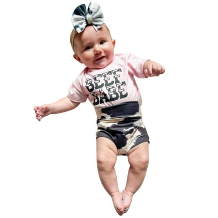 

Toddler Baby Girl Outfit Summer Letter Print Short Sleeve T Shirt Tops Cow Pattern Shorts Headband 3Pcs Clothes Set