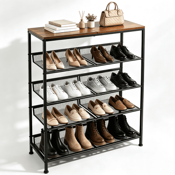 Shoe Rack for Entryway, 5-Tier Shoe Organizer with Adjustable Mesh Shelves, 16-20 Pairs of Shoes