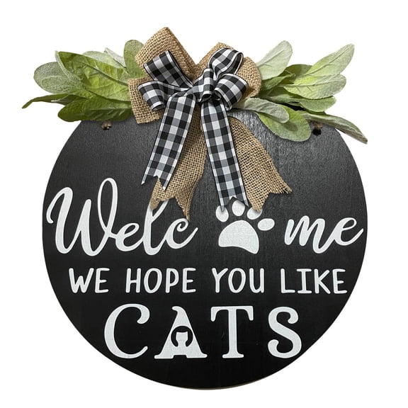 Welcome We Hope You Like Cats Wooden Sign Welcome Hanging Bow Sign Pet Sign Farmhouse, Porch, Welcome Wreath Sign Hanging for Cats Lovers