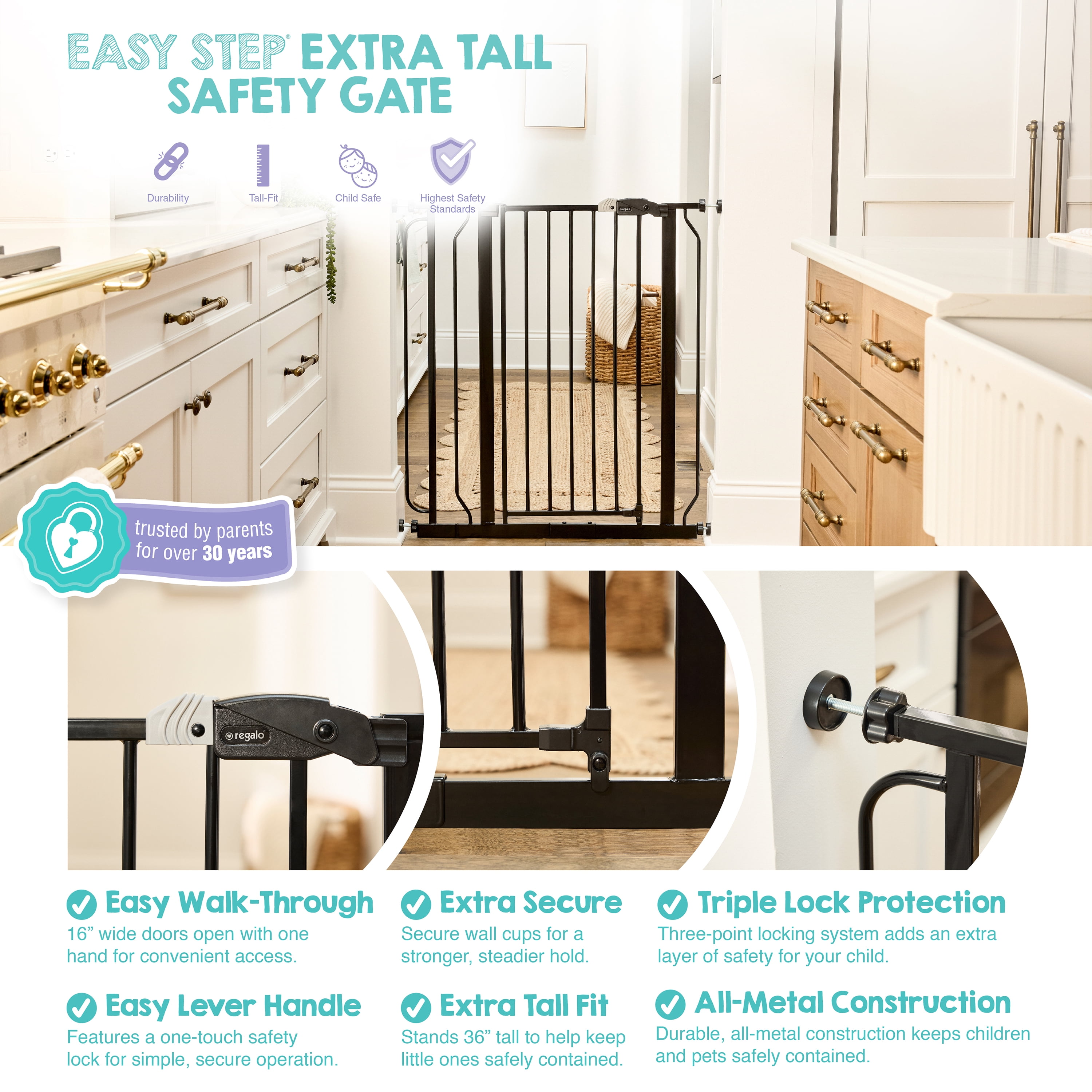 Regalo Easy Step Extra Tall Walk Thru Baby Safety Gate, Fits Openings 29-36.5 Inches, Black