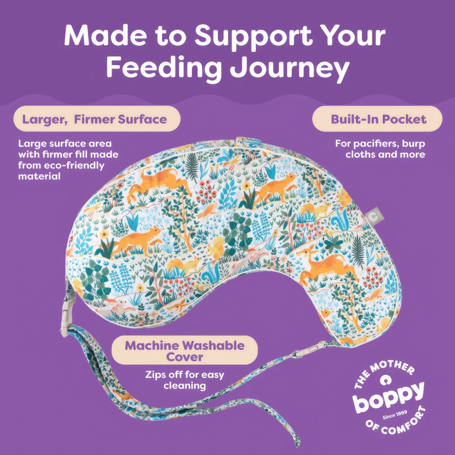 Boppy Uplift Nursing Pillow - Wedge Bottle & Breastfeeding Pillow to Reduce Spit-Up and Reflux Symptoms, with Body-Inclusive Opening And Adjustable Belt - Colorful Forest Animals