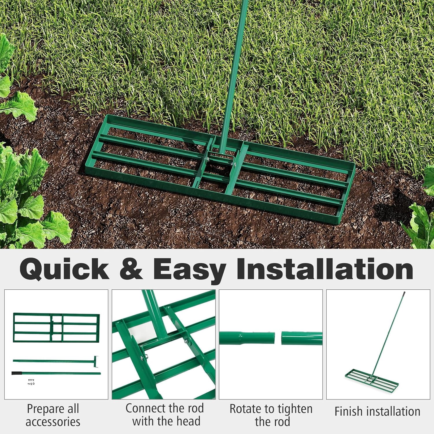 Lawn Leveling Rake, Heavy-Duty Iron Yard Leveler with 36"x9.8" Blade, 75" Adjustable Handle, Effort-Saving Lawn Tool for Backyard, Garden, Golf Course, Soil Smoothing, Topsoil & Fertilizer