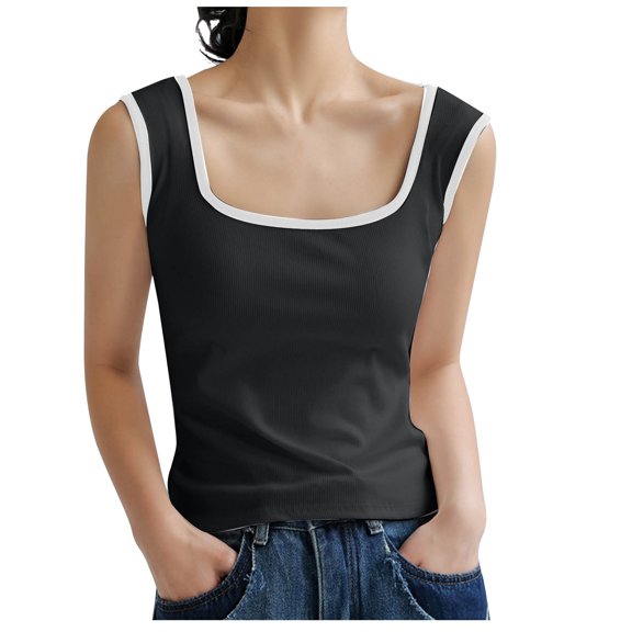 Enjoytime Tank Top for Women Sleeveless Basic Tee Shirt Top Slim Fitted Casual Square Neck Y2K Streetwear Womens Summer Tops
