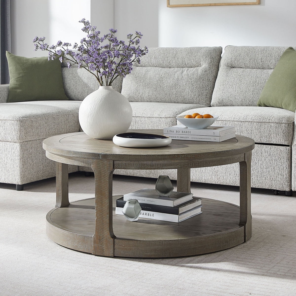 40inch Large Curved 2 Tier Traditional Round Circle Wooden Center Coffee Table,Rounded Table with Wheels,Mid Century Rustic Style Table for living Room,Office,Apartment,OAK