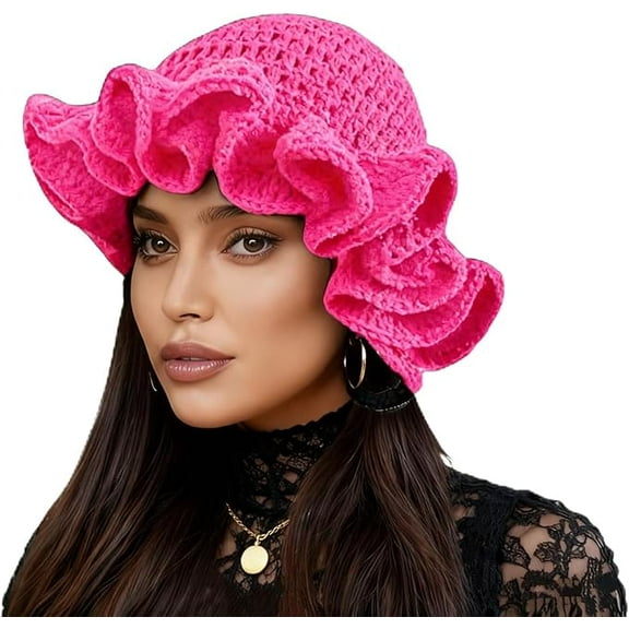 Crochet Bucket Hat for Women Ruffled Brim Knit Foldable Floppy Beach Hat Handmade Woven Fishing Cap
