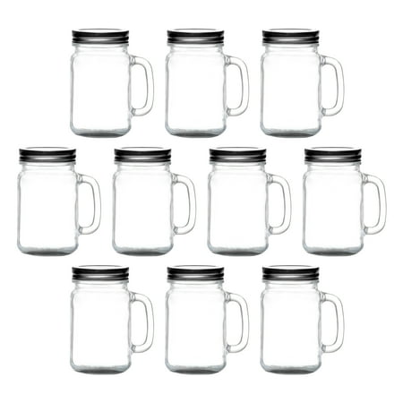 

10 Libbey Handle Mason Jars with Lids Set 16 oz. - Traditional style Drinking Glassware - Black