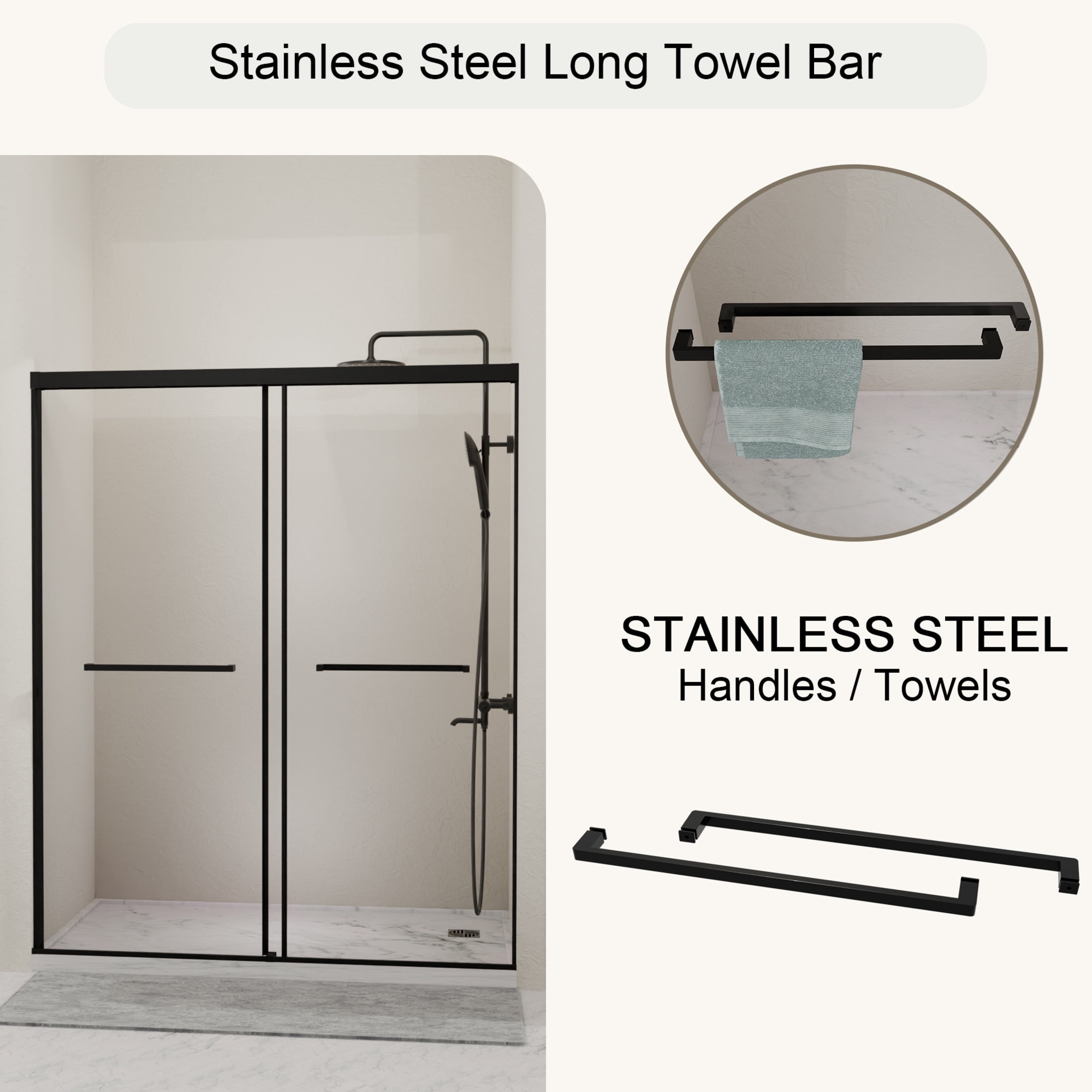 Noble House 60"x60" Bathtub Sliding Shower Door, Semi-Frameless Double Tub Door, Tempered Clear Glass, Matte Black