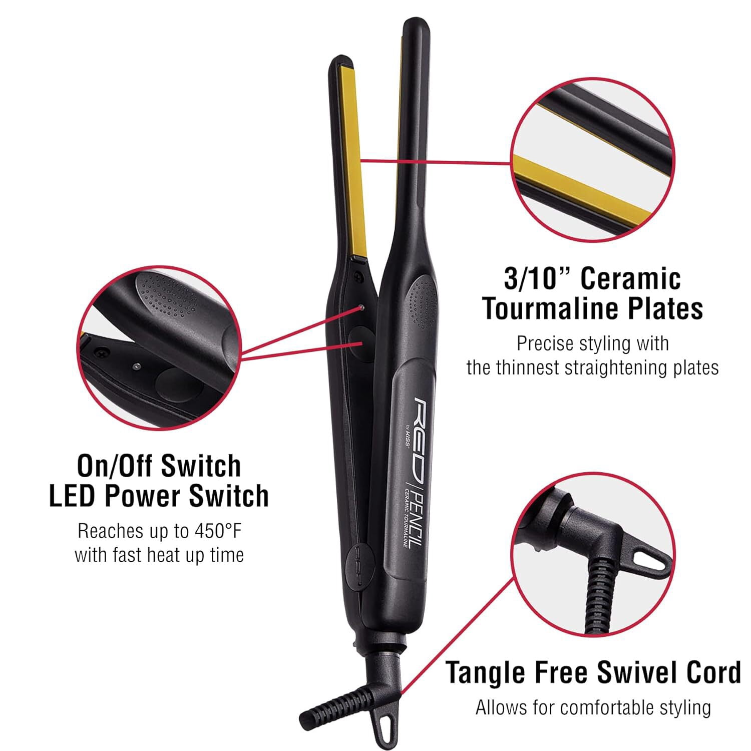 RED by KISS 0.3 Inch Pencil Flat Iron with Ceramic Tourmaline, Hair Straightener for Thin and Short Hair Edge Styling, Even Heat Distribution with Fast Heat Up 450° F Max Temperature, Black