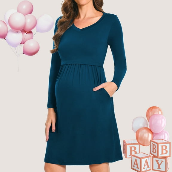 Beaisland Women's Maternity Nursing Dress Long Sleeve Midi Dress For Breastfeeding with Pockets