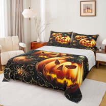 Manfei Horror Orange Pumpkin Queen Sheet Sets, Happy Halloween Featival Flat Sheet, Teen Kid Child Queen Fitted Sheet, Breathable Home Decor, 4pcs