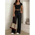 thumbnail image 4 of PRETTYGARDEN Women's 2 Piece Matching Lounge Sets Ribbed Short Sleeve Crop Tops Wide Leg Pants Summer Airport Outfits, 4 of 9