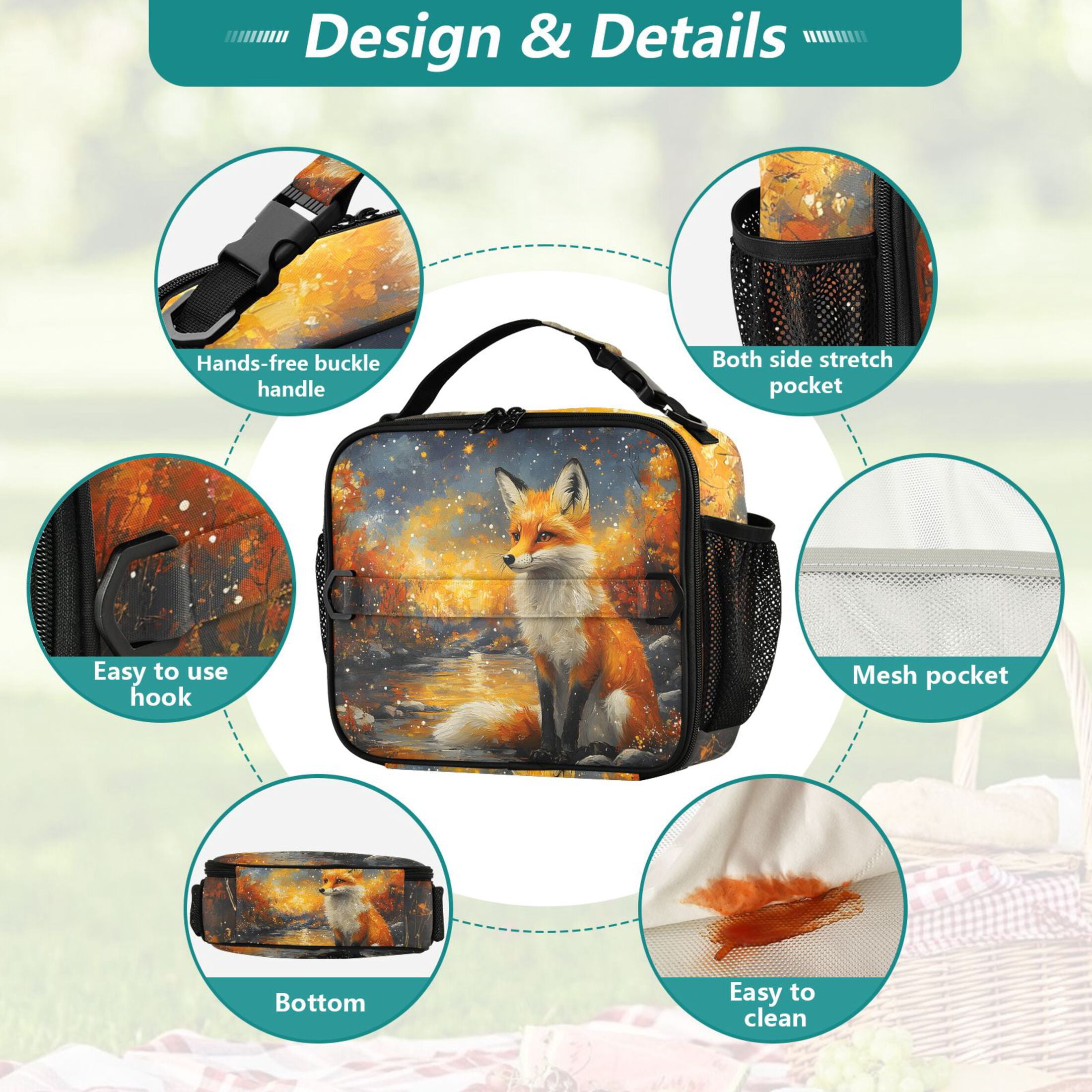 ALAZA Magic Fox Lunch Box Insulated Lunch Bag Cooler Tote with Shoulder Strap
