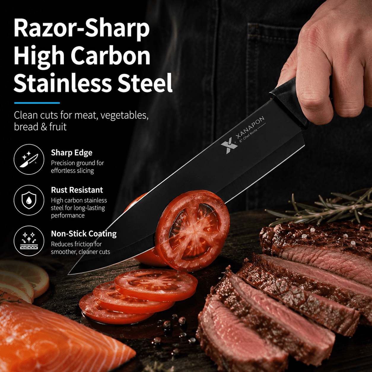 Xanapon 13-Piece Knife Set for Kitchen, Built-in Sharpener Block, German Stainless Steel, Dishwasher Safe, Black
