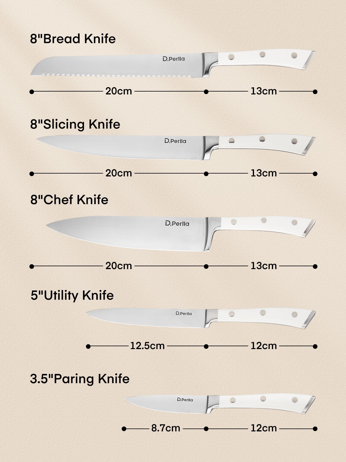 D.Perlla Kitchen Knife Set, 6 Pieces Hign Carbon Stainless Steel Small Kitchen Knives Set with Wooden Block, Cutlery Block Set