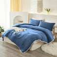 thumbnail image 3 of DNG Luxury 3 Piece Pom Pom Plain Pattern Comforter Set, 800 Thread Count, 100% Egyptian Cotton, White Vintage Pom-Pom Fringe Super Soft (Full/Queen Size Medium Blue Color), 3 of 9