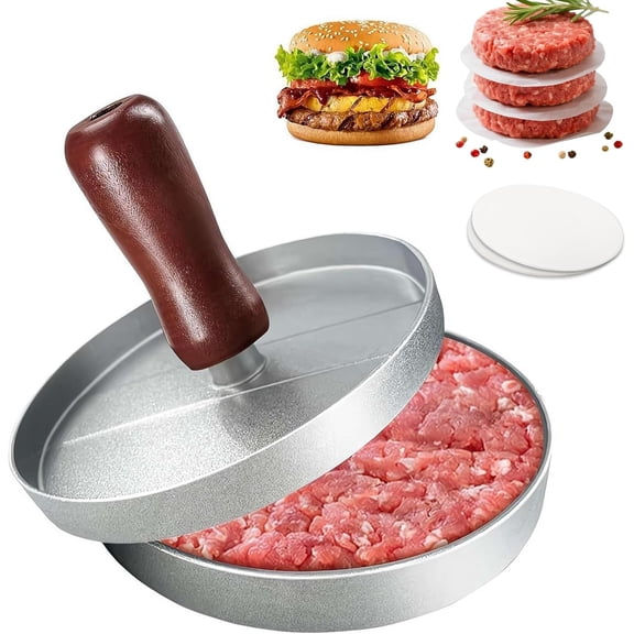 Hamburger Patty Press with 100 Patty Papers, Stainless Steel, Wood Handle, for BBQ, Cooking