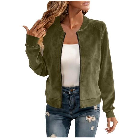 Yihuala Lightweight Faux Suedes Women's Jackets Long Sleeve Stand Collar Zip Up Loose Fit Casual Outerwear Coat Spring Fall