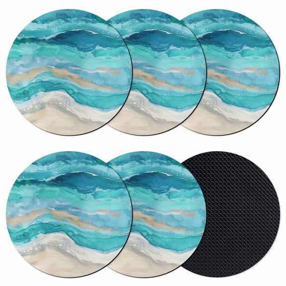 Teal Coastal Coasters Set of 6, Soft Absorbent Coasters for Drinks, Summer Beach Nautical Abstract Art Non-Slip Cup Coaster Mat with Rubber Bottom for Home Kitchen Desk Coffee Bar Table Decor 4"