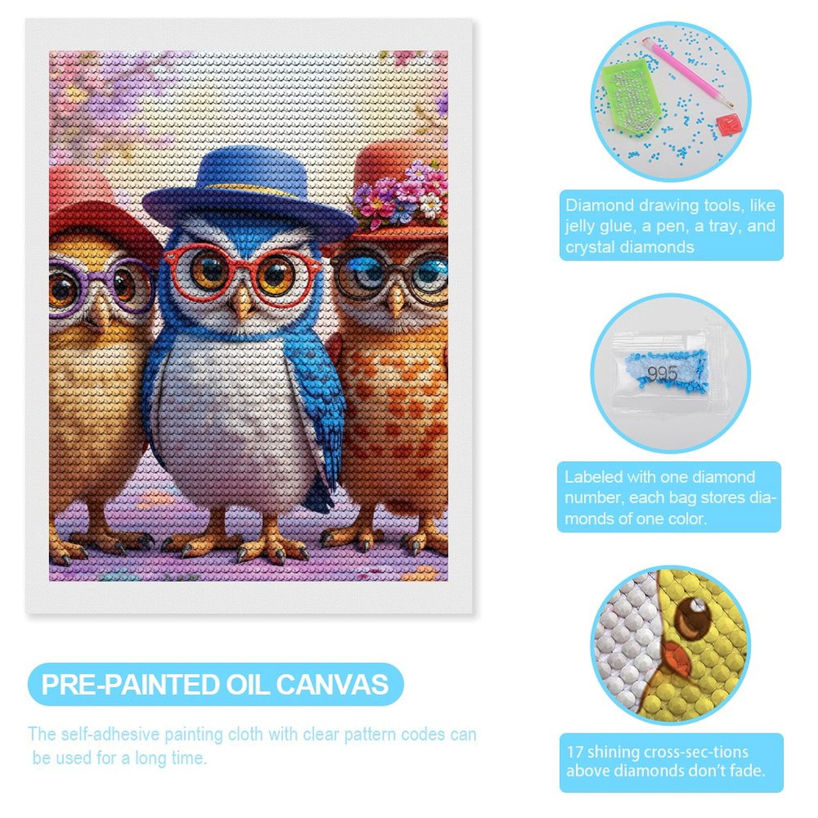 Diamond Art Kits for Adults, Whimsical Owls In Stylish Hats 5D Diamond Painting Kits for Adults Beginners, DIY Full Drill Diamond Painting, Gem Art and Crafts 12x16