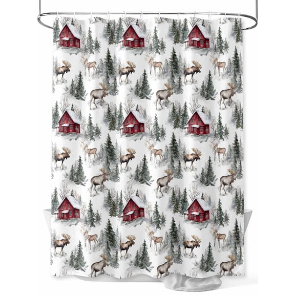 Fsddascl Christmas Shower Curtain Set - Extra Long 72" x 96" Washable Bathtub Curtain with 12 Hooks, Farmhouse Deer Winter Elk Xmas Tree Waterproof Fabric Stall Shower Curtains for Bathroom/Bathtub