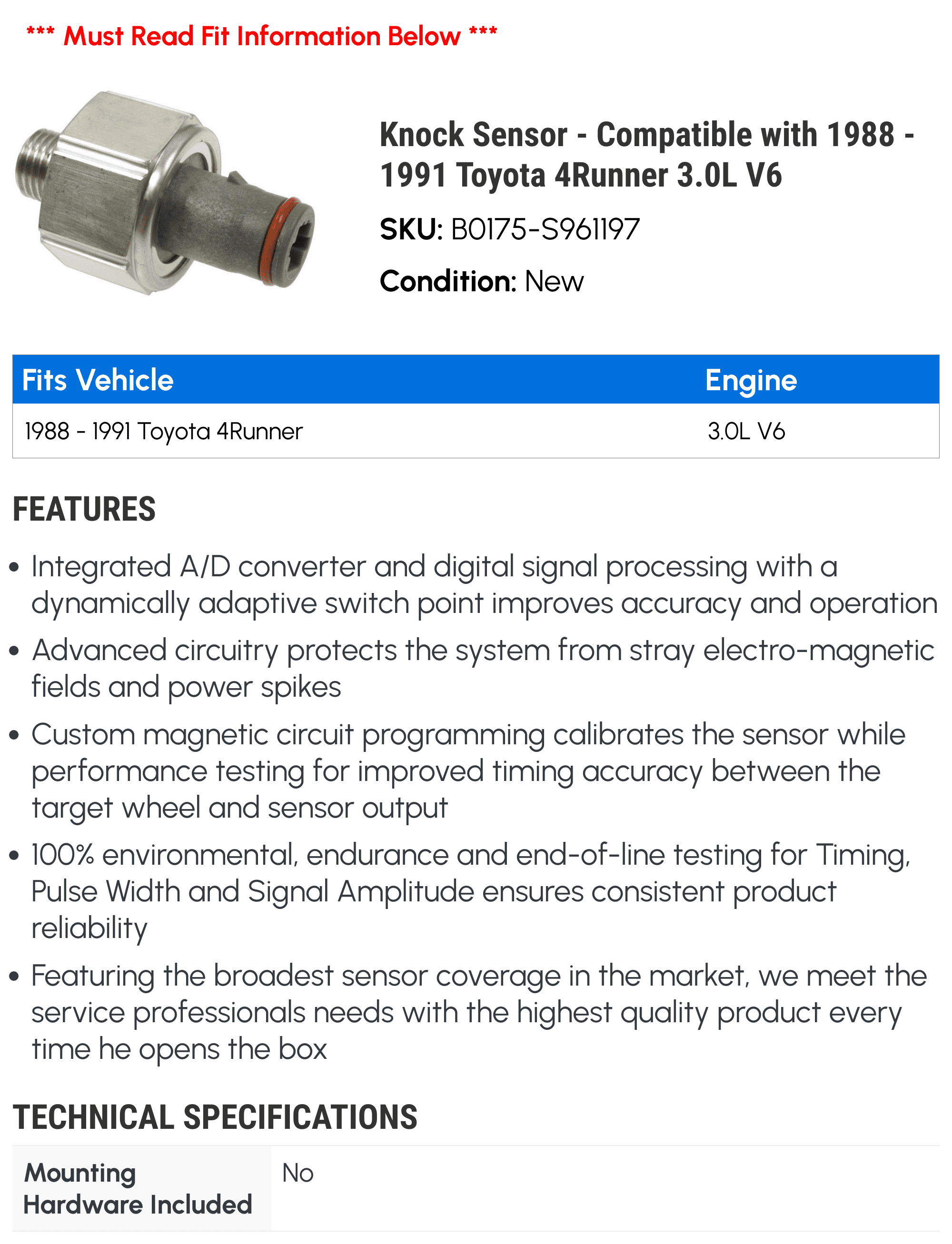 Knock Sensor - Compatible with 1988 - 1991 Toyota 4Runner 3.0L V6 1989 1990