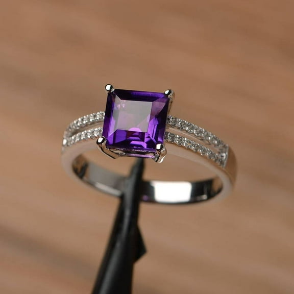 natural amethyst ring square cut purple gemstone ring white gold engagement ring for women