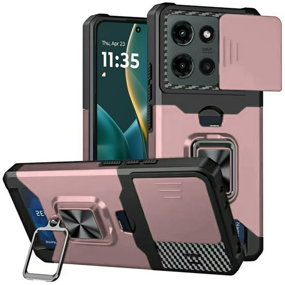 For Motorola Moto G Stylus 5G 2025 Wallet Case with Ring Stand & Slide Camera Cover Back Credit Card Slot Holder, Military Grade Cover, XPM Phone Case [Rose Gold]