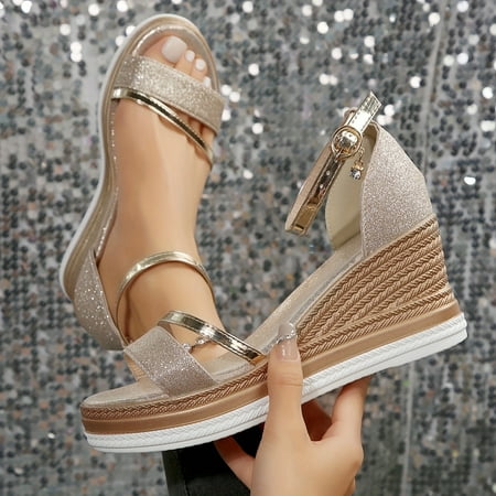 

Women s Glitter Wedge Sandals Open Toe Ankle Strap Outdoor Shoes All-Match Summer Beach Sandals Summer Slides Shoes