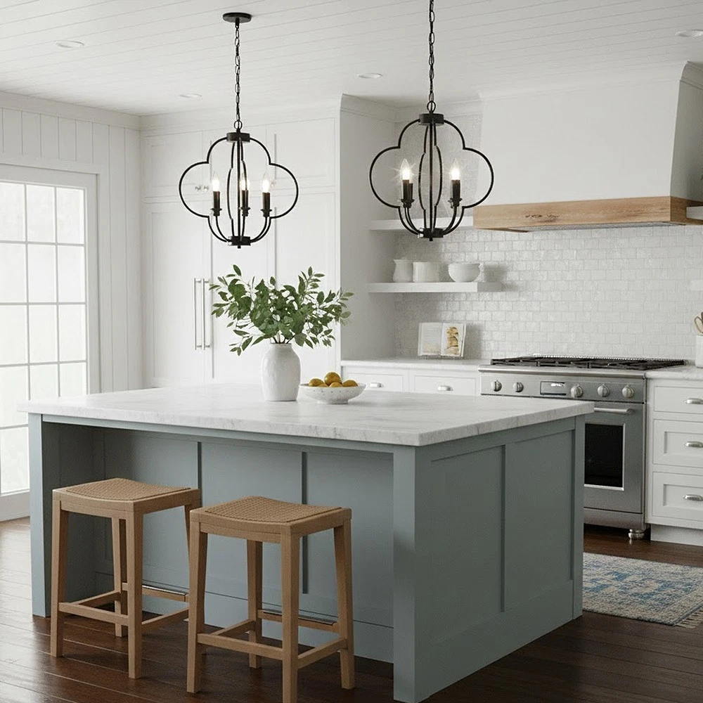 4-Light Black Foyer Chandelier Lantern, Farmhouse Pendant Light Fixtures for Dining Room,Living Room,Kitchen Island