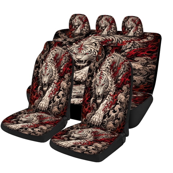 Odenmar Red White Tiger Car Seat Covers Full Set Made with Mesh Fabric Universal Fit Protectors for Sedans Trucks Vans Suvs