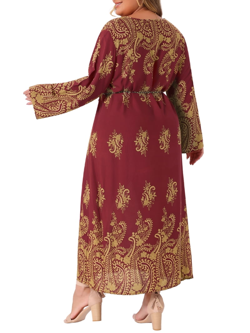 DARING DIVA Plus Size Boho Crew Neck Long Sleeve Belt Flowy Maxi Dress 1X Burgundy