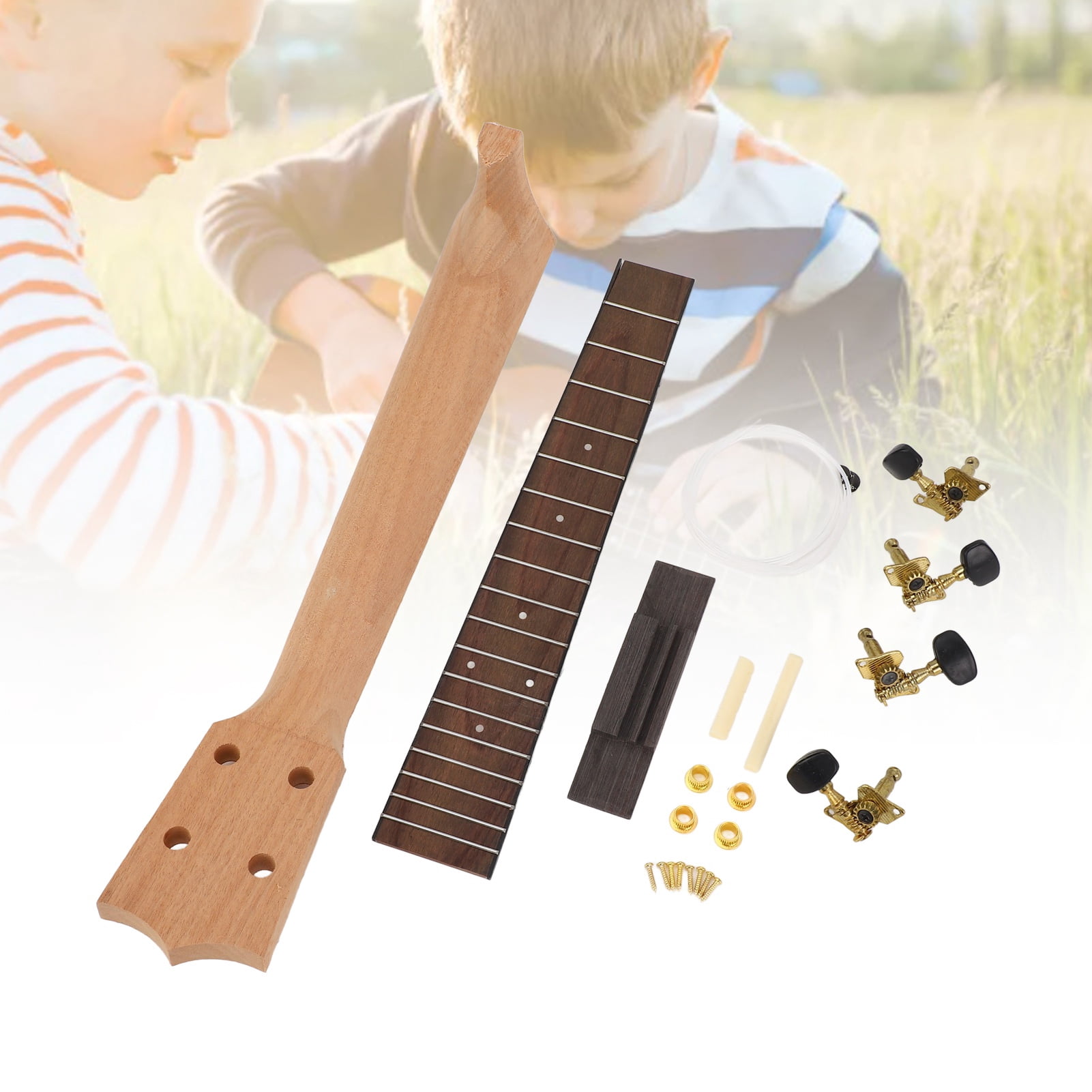 Suodoka Ukulele Neck Kit Okoume and Rosewood Fingerboard String Knob and Bridge Set for 26 inches / 66 cm Handcraft Instrument Assembly