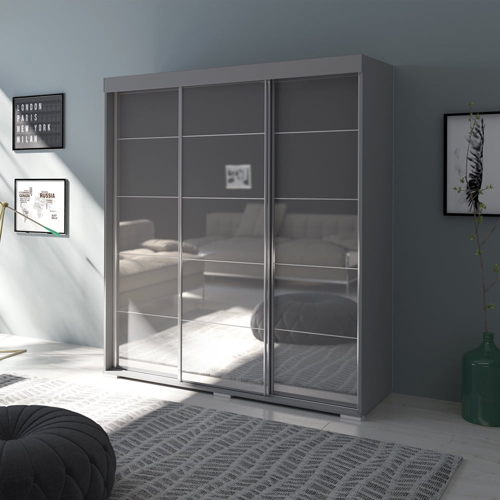 MEBLE FURNITURE /& RUGS Aria 3 Door 71 Wide Modern High Gloss Wardrobe Armoire with Mirror Black