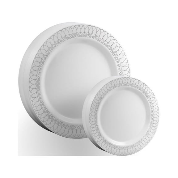 Exquisite White/Silver Ovals 40 Pack 9" Disposable Salad Wedding & Party Dinnerware Plastic Plates
