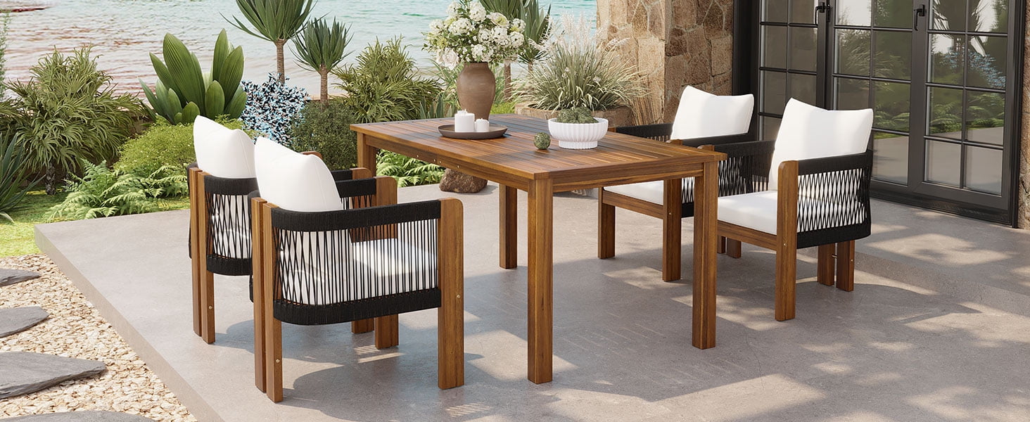 Mintazer 63" 5-Piece Outdoor Dining Set with Rope Woven High Back Chairs & Cushions, Farmhouse Dining Furniture Set for Garden Backyard Poolside, Brown & Black