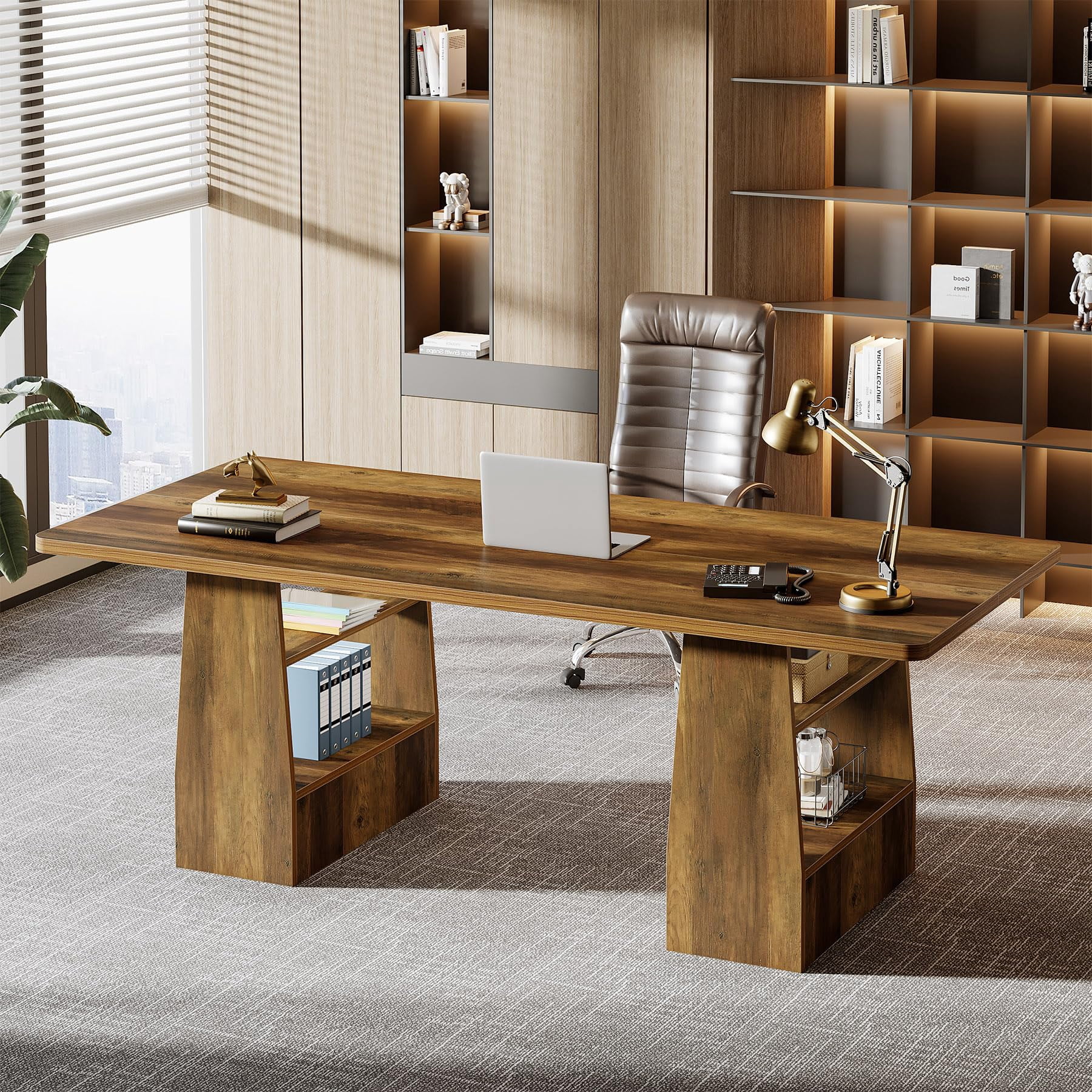Tribesigns 63 Inch Executive Desk with 5-Tier Shelf, Office Desk with Faux Natural Textured, Large Wooden Computer Writing Table Business Furniture for Home Office