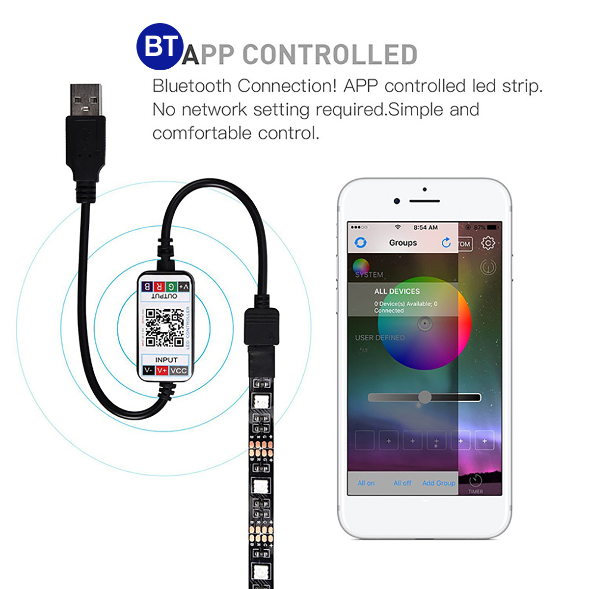 Blue tooth Controller TV Backlight DC5V 5050 RGB LED Strip Set USB Tape String