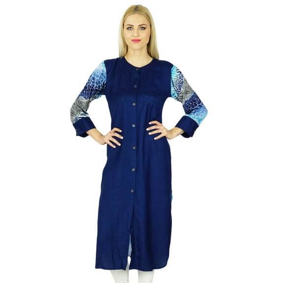 Bimba Women Long Straight Blue custom Kurti Kurta 3/4 Sleeve Top Indian Ethnic Blouse
