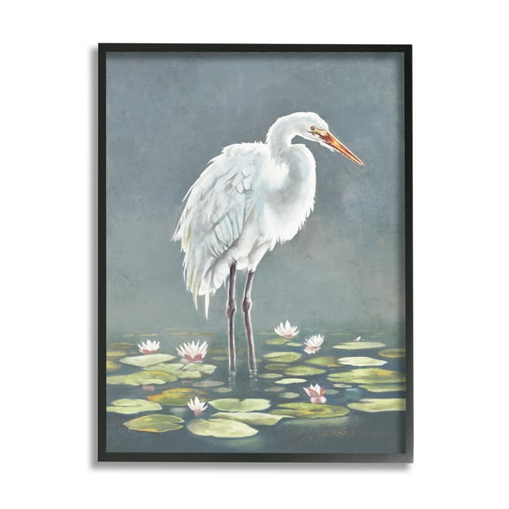 Stupell Industries White Heron & Pond Lilies Animals & Insects Painting Black Framed Art Print Wall Art, 11 x 14