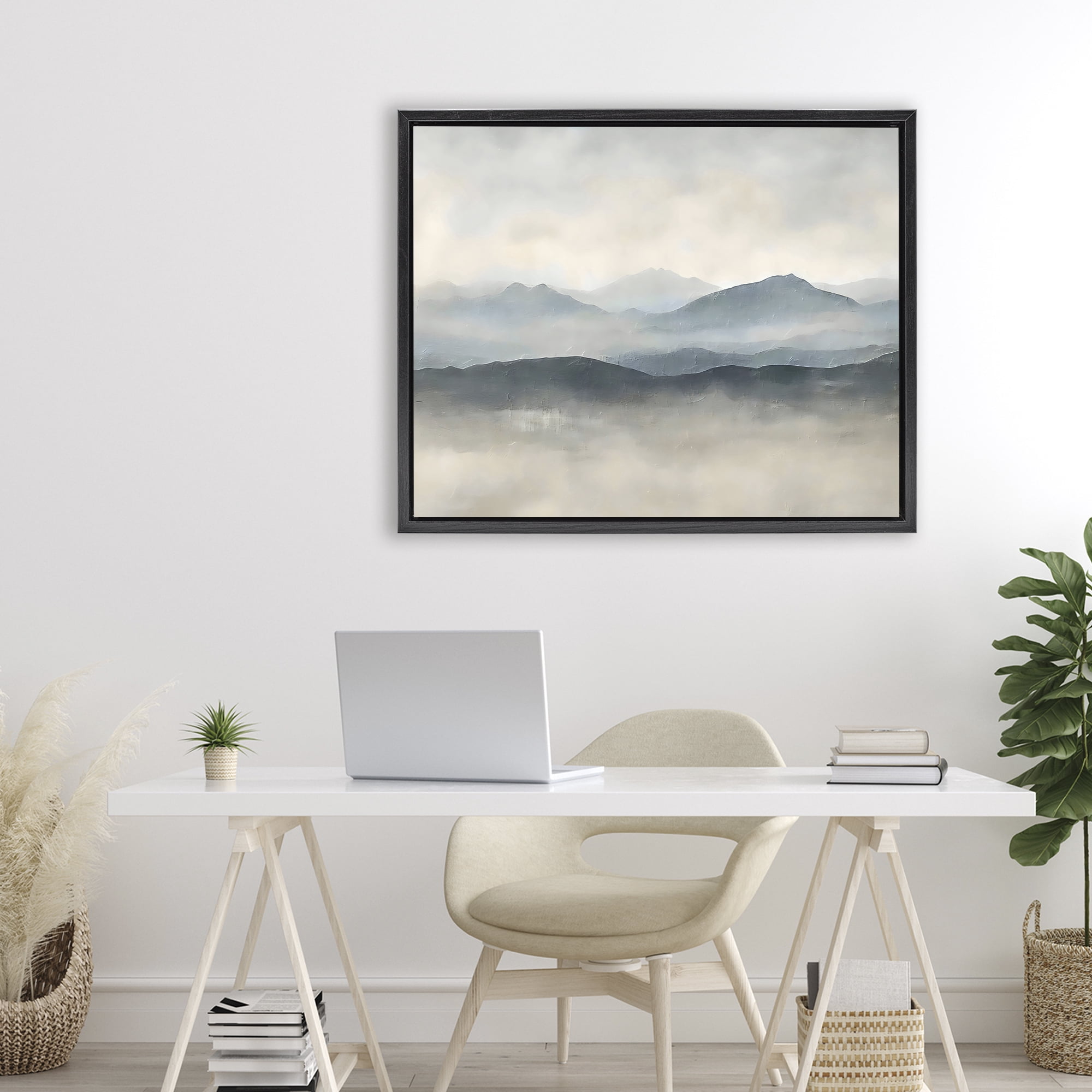 Stupell Industries Misty Muted Mountainscape Black Framed Floater Canvas Wall Art, design by Riley B