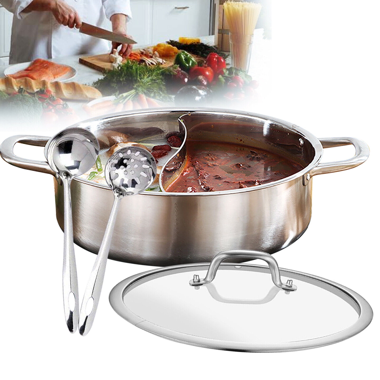 DENEST 304 Stainless Steel Shabu Dual Sided divider Cooking Soup Hot Pot Cookware with Lid