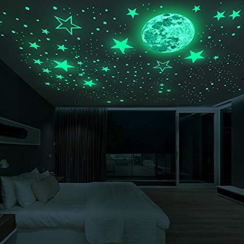 Luminous Wall Decals Ceiling Stickers Glow in The Dark Moon and Stars Starry Sky Shining Decals Room Decoration Perfect Gifts for Kids Bedroom Bedding Room,1 Moon   436 Stars and Dots