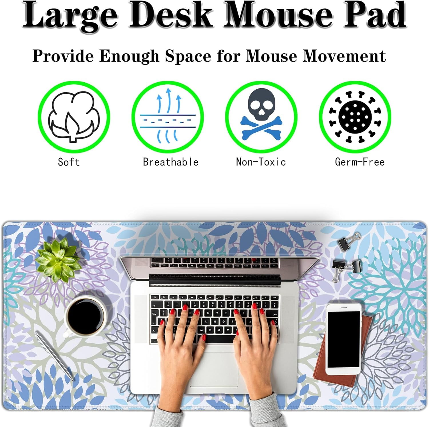 Large Desk Mat Algae Leaves Game Mats, Office Mousepad Big Mouse Pads, XXL Gaming Mouse Pad Non-Slip Rubber Base, 35.4 X 15.7 inch for Work/Game/Office/Home Vegetation. Abstract Watercolor